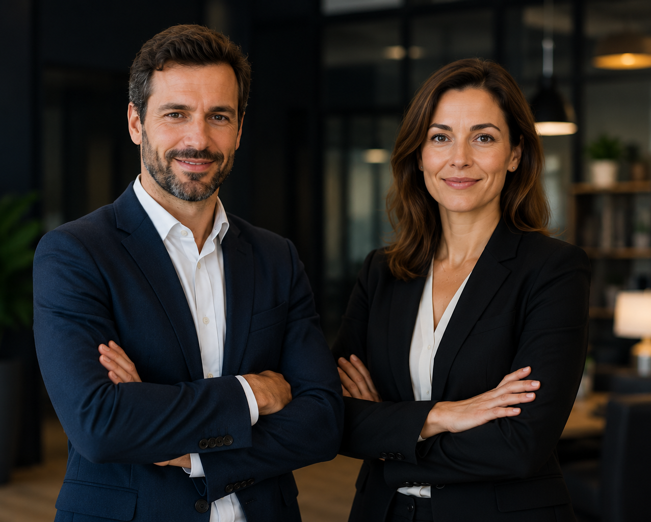 Deux professionnels ONYNE en tenue business représentant un accompagnement commercial humain, concret et orienté résultats