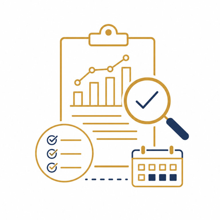 Pictogramme audit commercial représentant l’analyse des indicateurs, du plan d’action et des leviers de performance d’une entreprise