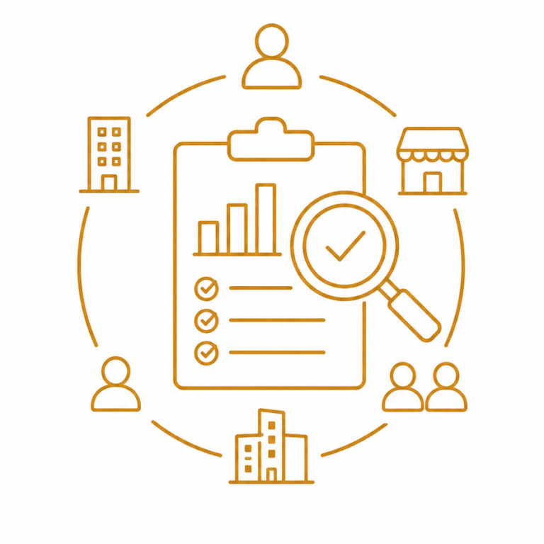 Pictogramme d’audit commercial représentant l’analyse globale d’une entreprise, de ses objectifs, de ses équipes et de ses opportunités de c