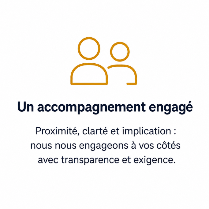Pictogramme équipe représentant un accompagnement commercial engagé fondé sur la proximité, la clarté, la transparence et l’exigence