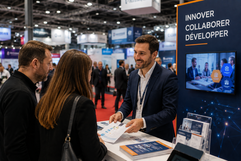 Échange professionnel sur un stand de salon représentant l’animation commerciale, la génération de contacts et le suivi des leads événementi