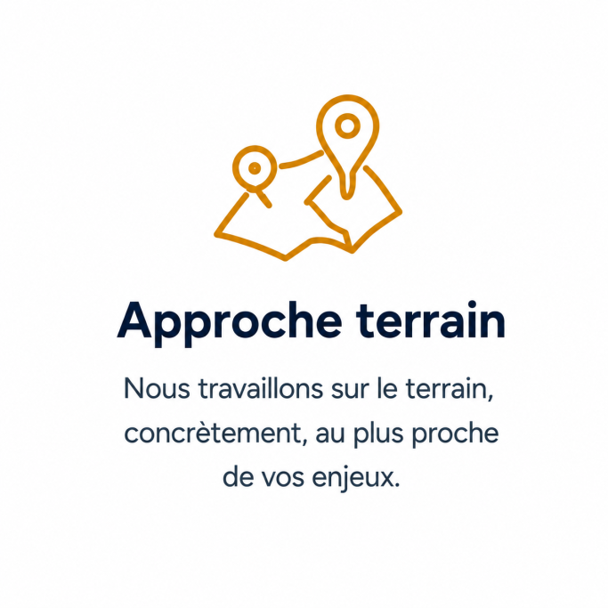 Pictogramme carte représentant une approche commerciale terrain, concrète et proche des enjeux de l’entreprise