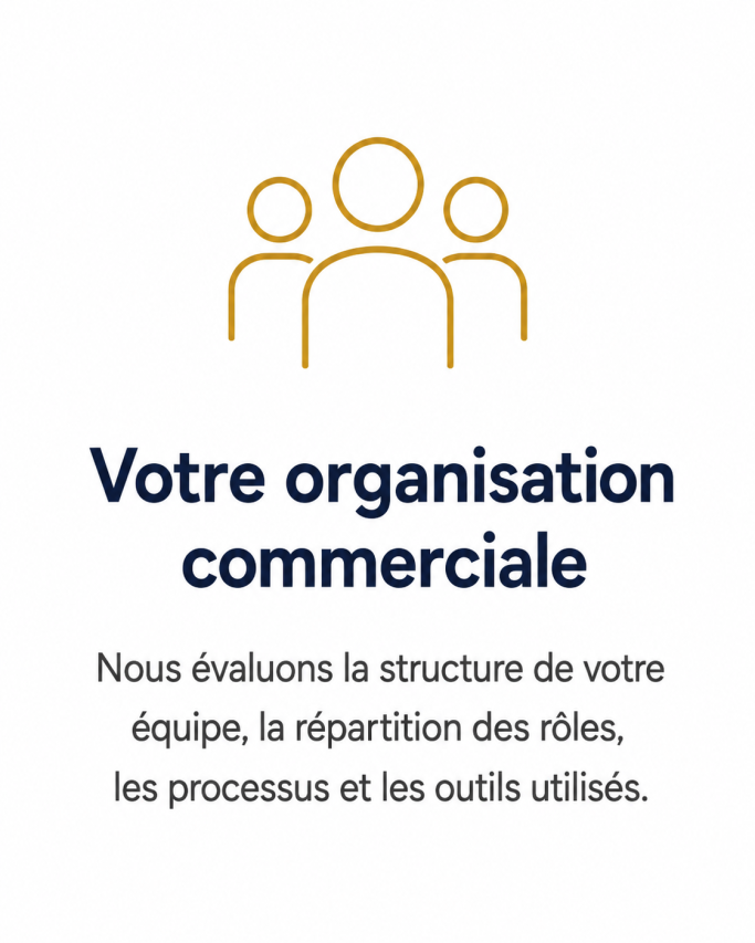 Pictogramme d’équipe représentant l’analyse de l’organisation commerciale, des rôles, des processus et des outils utilisés