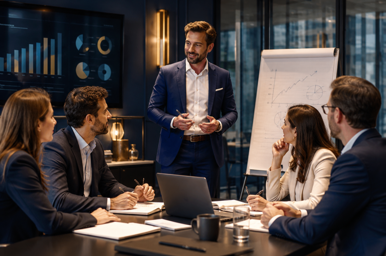 Formation commerciale en entreprise avec un intervenant face à une équipe pour développer les compétences en vente, négociation et managemen