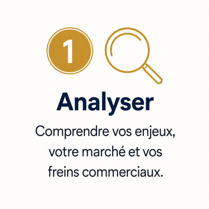 Pictogramme loupe représentant l’analyse des enjeux, du marché et des freins commerciaux d’une entreprise