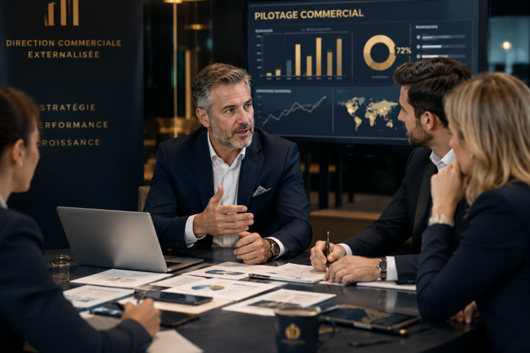 Réunion de pilotage commercial avec présentation d’indicateurs pour définir une stratégie, structurer les actions et accompagner le développ