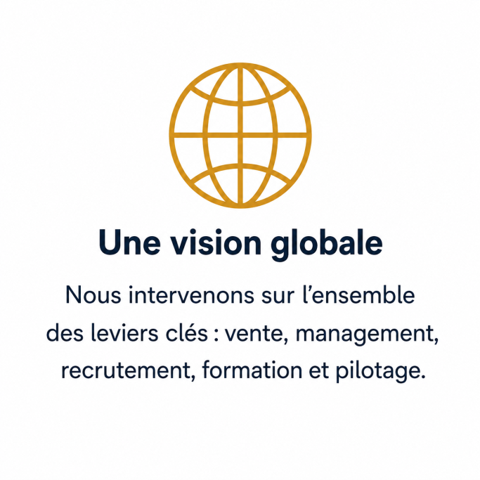 Pictogramme globe représentant une vision globale des leviers commerciaux comme la vente, le management, le recrutement, la formation et le 
