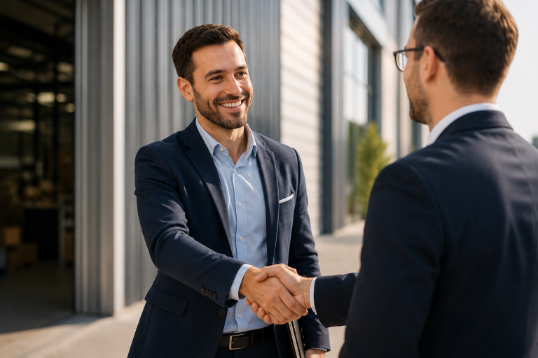 Poignée de main entre deux professionnels représentant la prospection, la prise de rendez-vous et le développement des ventes