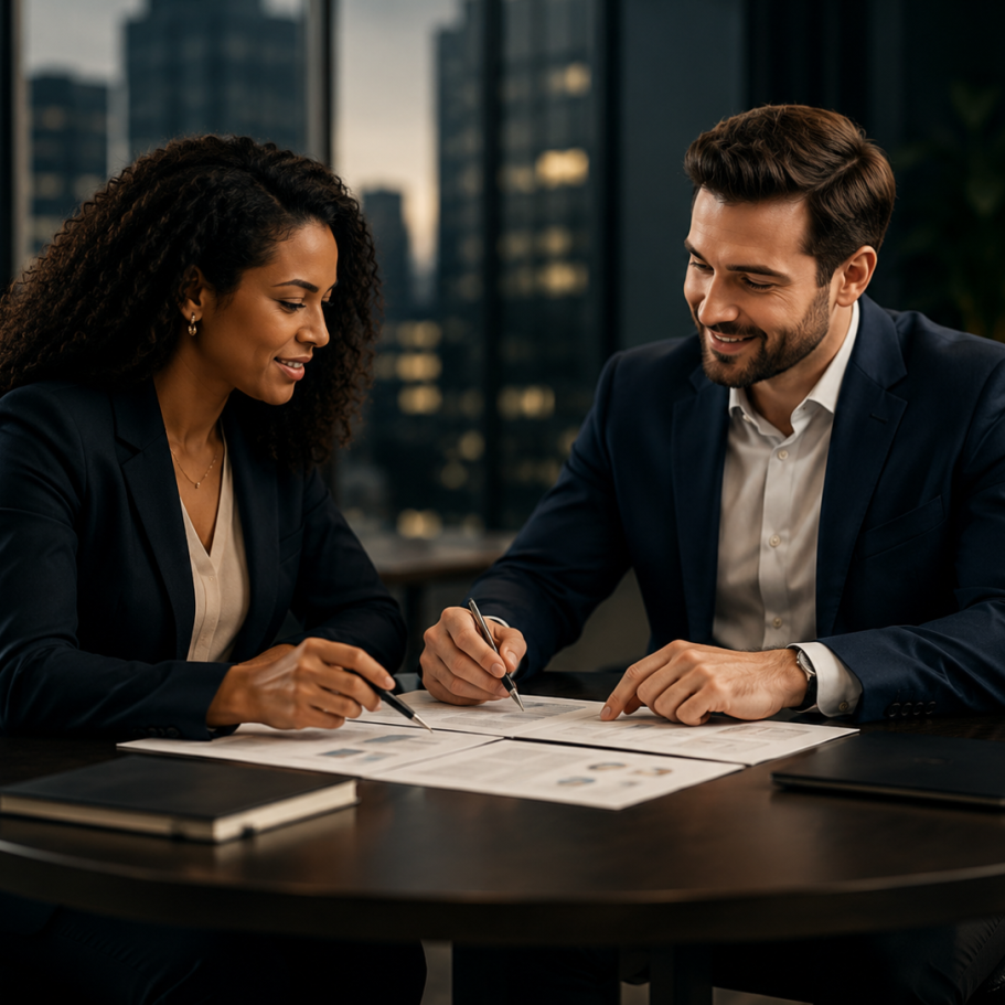 Rendez-vous professionnel entre deux personnes travaillant sur un plan d’action commercial concret avec audit, prospection, formation et sui