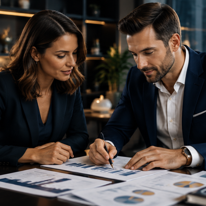 Deux professionnels analysent des documents commerciaux et des indicateurs de performance pour identifier les points d’amélioration d’une en