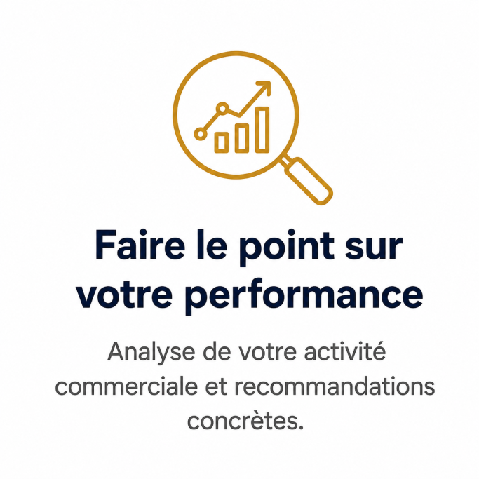 Pictogramme d’audit commercial représentant l’analyse de la performance, de l’activité commerciale et des recommandations concrètes