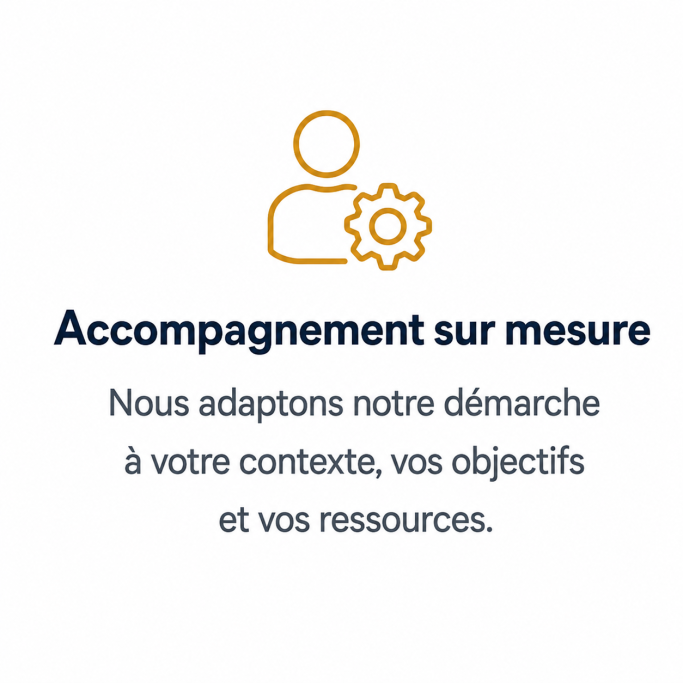 Pictogramme personne et engrenage représentant un accompagnement commercial adapté aux objectifs, au contexte et aux ressources de l’entrepr