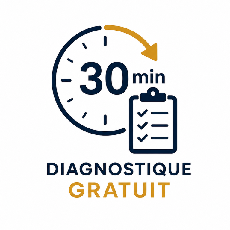 Pictogramme diagnostic gratuit de 30 minutes représentant un premier échange pour identifier les priorités commerciales d’une entreprise