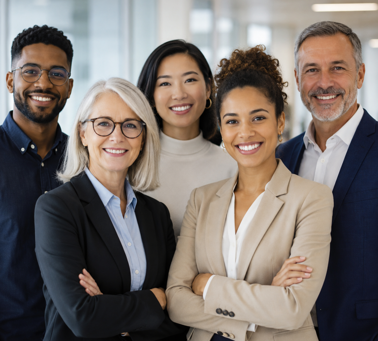 Équipe professionnelle souriante représentant une approche commerciale humaine, collective et orientée vers la performance durable des entre